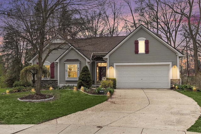 view of front facade featuring concrete driveway, stone siding, a front lawn, and a garage