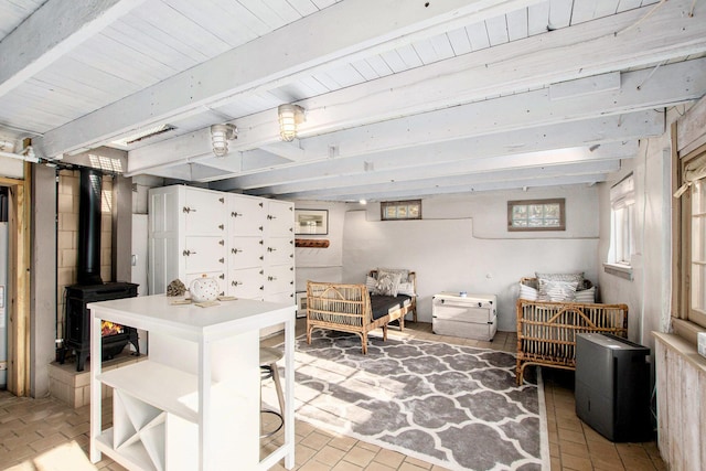 350 Ferry St, Douglas, MI 49406 - basement featuring a wood stove and brick floor