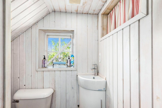 350 Ferry St, Douglas, MI 49406 - bathroom with lofted ceiling, wooden walls, toilet, and a sink