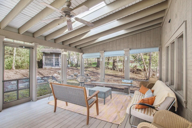 350 Ferry St, Douglas, MI 49406 - sunroom / solarium with an outdoor living space with a fire pit, a ceiling fan, and beam ceiling