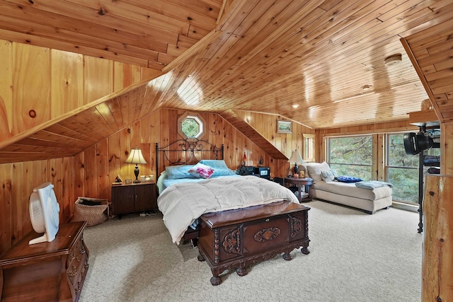 320 Marble St, Cadillac, MI 49601 - carpeted bedroom with wooden ceiling, wood walls, multiple windows, and lofted ceiling