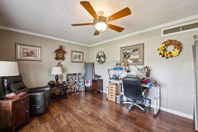 office area with crown molding, visible vents, wood finished floors, baseboards, and a ceiling fan