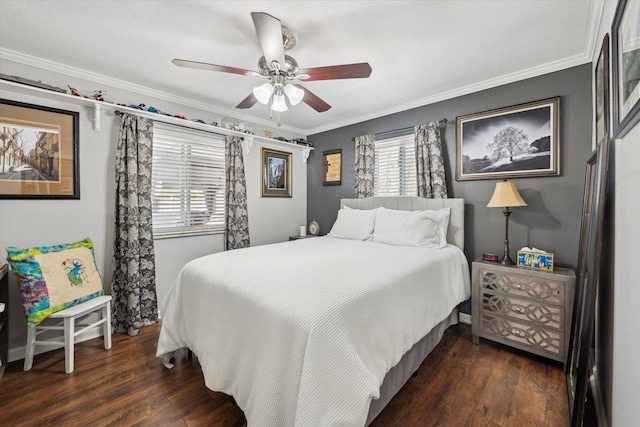 bedroom featuring dark wood-style flooring, ceiling fan, and ornamental molding