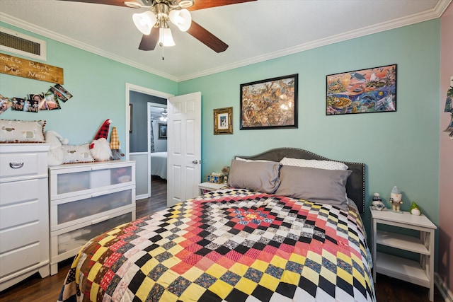 bedroom featuring ornamental molding, dark wood-style floors, ceiling fan, and visible vents