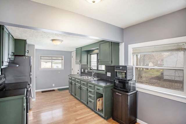 322 Astor Ave, Lansing, MI 48910 - kitchen featuring green cabinetry, a sink, range with electric stovetop, dark countertops, and a textured ceiling