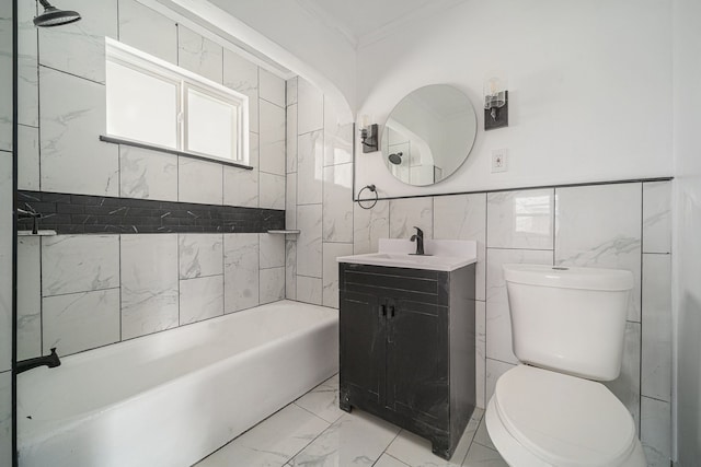 16140 Monte Vista St, Detroit, MI 48221 - full bath with crown molding, marble finish flooring, toilet, vanity, and tile walls