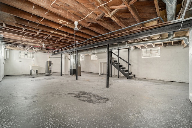 16140 Monte Vista St, Detroit, MI 48221 - below grade area with heating unit, stairway, water heater, and a sink