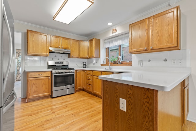 kitchen featuring crown molding, light wood-type flooring, a peninsula, under cabinet range hood, and stainless steel appliances