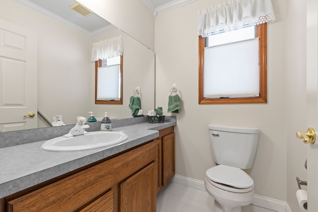 half bathroom featuring visible vents, ornamental molding, baseboards, and toilet