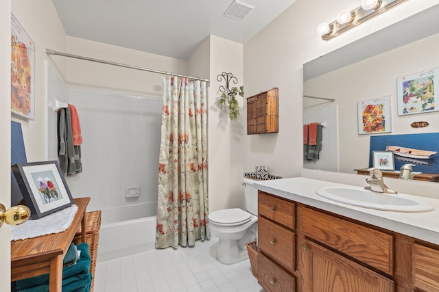 full bath featuring visible vents, vanity, toilet, shower / bathtub combination with curtain, and tile patterned floors