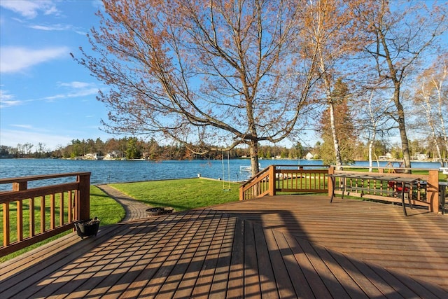 deck featuring a lawn and a water view