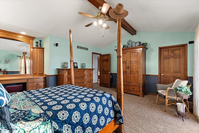 bedroom with carpet, lofted ceiling with beams, recessed lighting, and visible vents