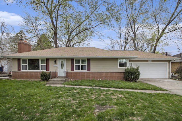 ranch-style house with brick siding, a garage, a front yard, a chimney, and concrete driveway