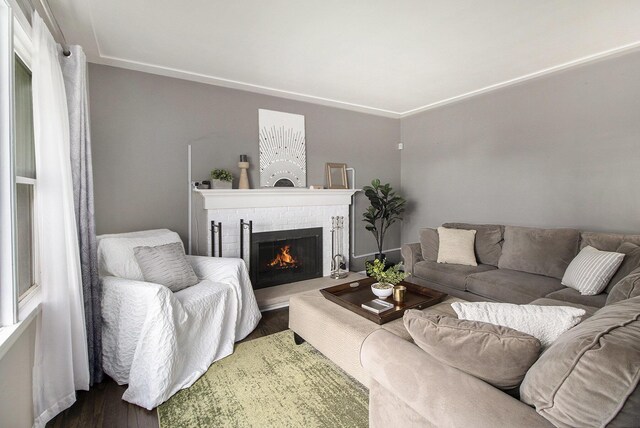 living area with wood finished floors and a fireplace