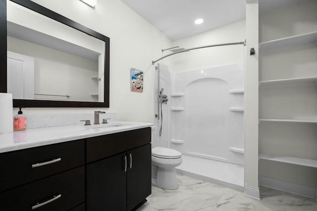 bathroom with toilet, walk in shower, vanity, and marble finish floor