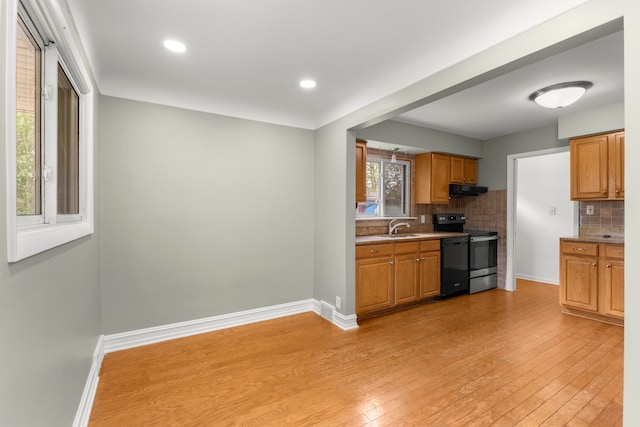 15167 Keppen Ave, Allen Park, MI 48101 - kitchen with electric range, dishwasher, a sink, backsplash, and exhaust hood