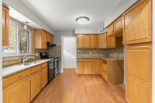 15167 Keppen Ave, Allen Park, MI 48101 - kitchen featuring light stone counters, a sink, tasteful backsplash, under cabinet range hood, and black appliances