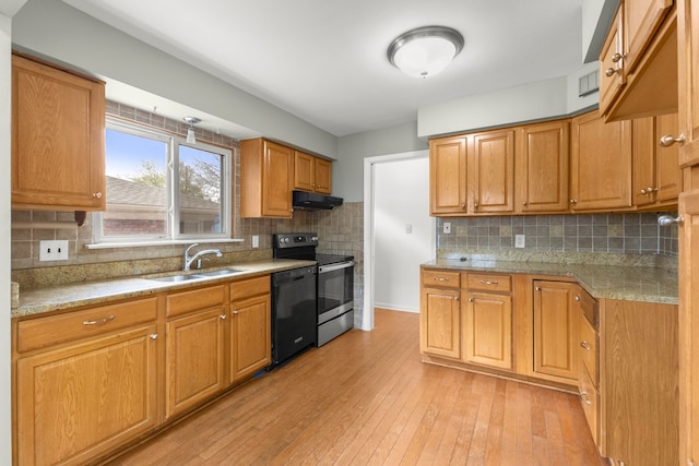 15167 Keppen Ave, Allen Park, MI 48101 - kitchen featuring a sink, electric stove, black dishwasher, backsplash, and under cabinet range hood