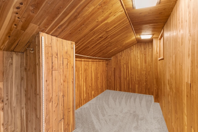 15167 Keppen Ave, Allen Park, MI 48101 - additional living space with carpet flooring, wood walls, wooden ceiling, and lofted ceiling