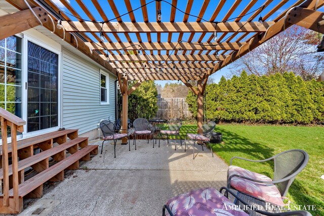 view of patio / terrace with a pergola, outdoor dining area, and fence