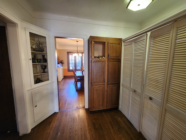 corridor with an inviting chandelier and dark wood-type flooring