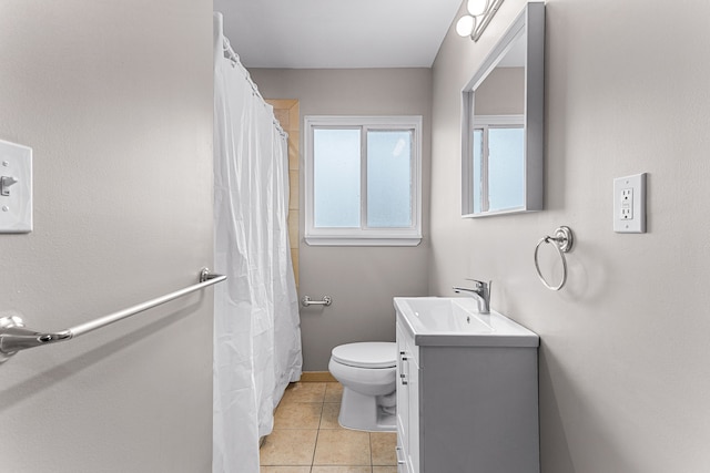 bathroom with vanity, tile patterned flooring, toilet, and a shower with shower curtain