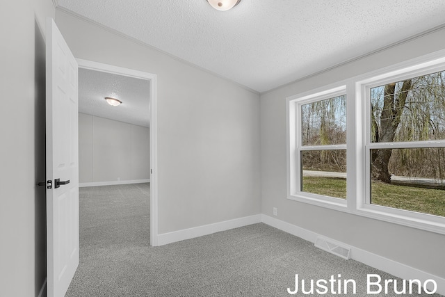 carpeted empty room featuring a textured ceiling, visible vents, and baseboards