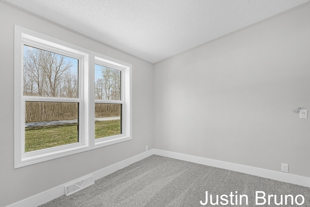 spare room with baseboards, visible vents, a textured ceiling, and carpet flooring