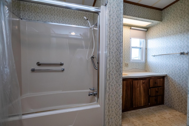 full bath with wallpapered walls, shower / bath combination with curtain, and vanity