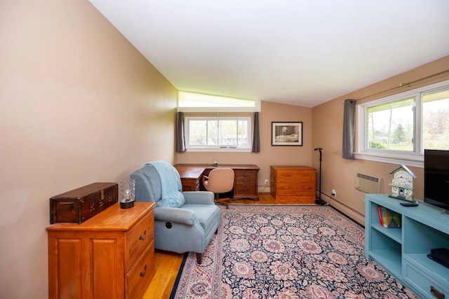 5009 John Holmes Rd, Ann Arbor, MI 48103 - sitting room featuring vaulted ceiling, plenty of natural light, baseboard heating, and light wood-style flooring