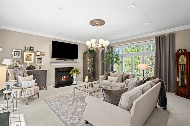 living room with crown molding, light colored carpet, a chandelier, and a fireplace with flush hearth
