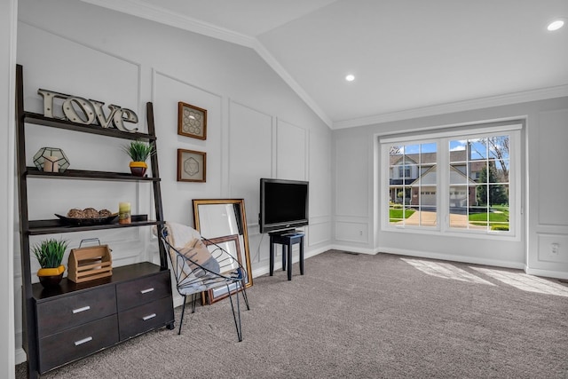 sitting room with ornamental molding, carpet, recessed lighting, and lofted ceiling