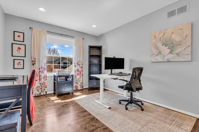 office with wood finished floors, visible vents, recessed lighting, and baseboards