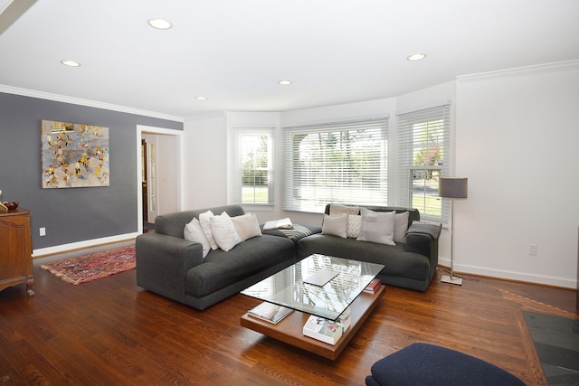 living area featuring crown molding, recessed lighting, baseboards, and wood finished floors