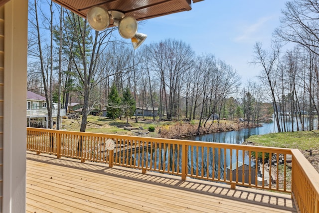 deck featuring a water view