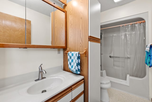 bathroom with vanity, toilet, and shower / bath combination with curtain