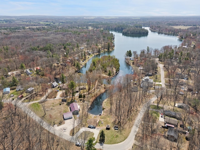bird's eye view featuring a water view and a view of trees