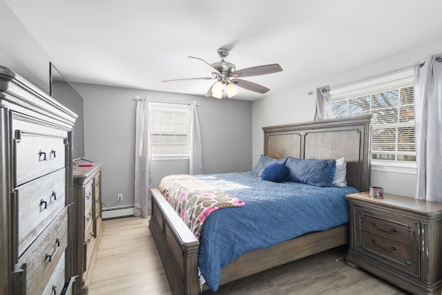 bedroom featuring a baseboard radiator, light wood-type flooring, and ceiling fan
