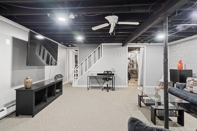 living room with stairs, baseboards, ceiling fan, a baseboard radiator, and carpet