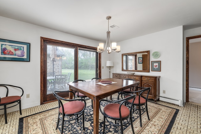 dining area featuring a chandelier, baseboards, a baseboard heating unit, and visible vents