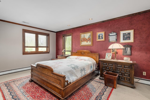 carpeted bedroom featuring visible vents, baseboards, crown molding, and a baseboard heating unit
