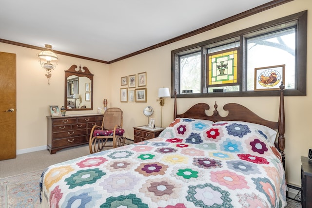 carpeted bedroom with baseboards and crown molding