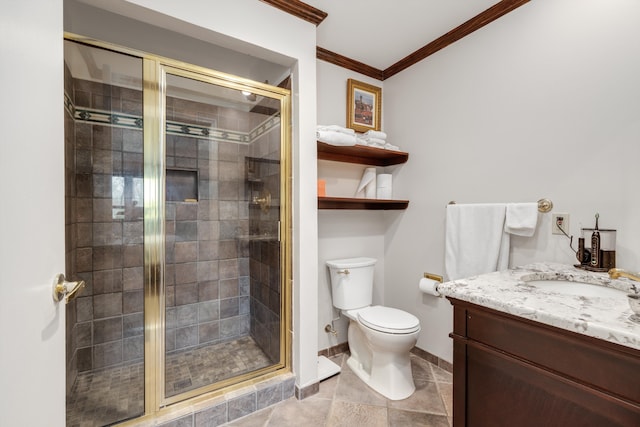 bathroom featuring baseboards, ornamental molding, a shower stall, and toilet