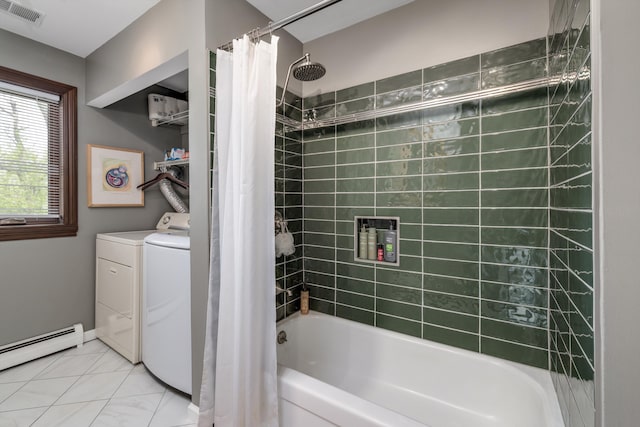 full bathroom featuring visible vents, a baseboard radiator, separate washer and dryer, and shower / tub combo