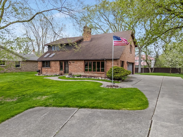 view of front of property with brick siding, a shingled roof, fence, and concrete driveway