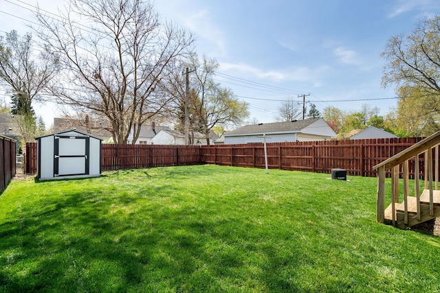 view of yard with a fenced backyard, a shed, and an outbuilding