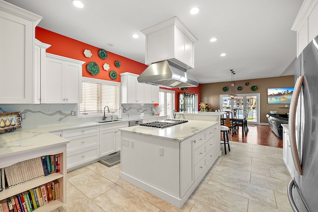 32560 N River Rd, Harrison Township, MI 48045 - kitchen with a sink, stainless steel appliances, recessed lighting, white cabinetry, and backsplash
