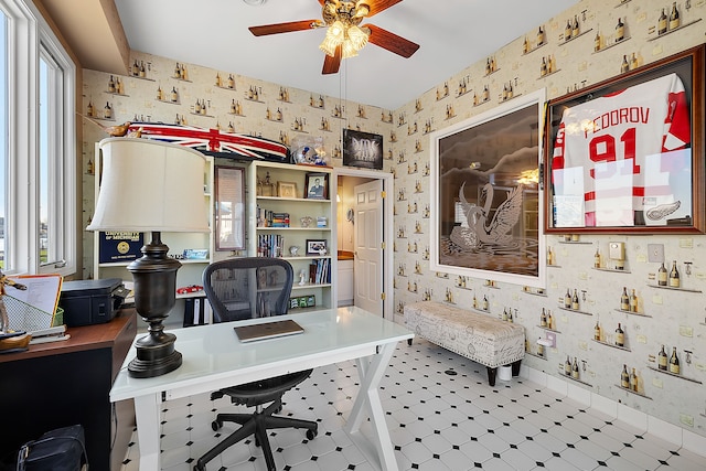 32560 N River Rd, Harrison Township, MI 48045 - office space featuring wallpapered walls, a ceiling fan, baseboards, and tile patterned floors