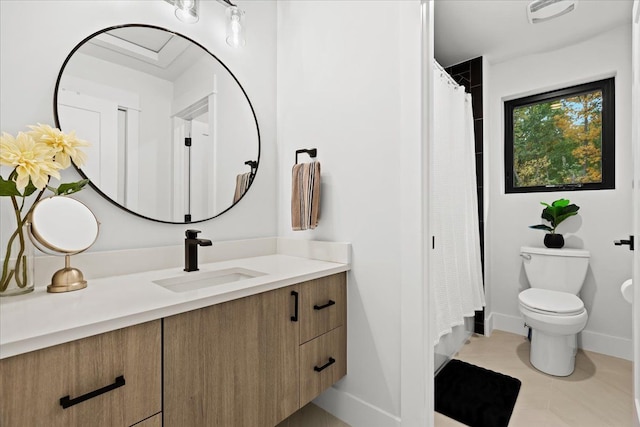 full bath with vanity, tile patterned flooring, visible vents, toilet, and baseboards