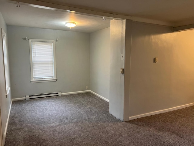 23217 Helen St, Southfield, MI 48033 - empty room featuring a baseboard radiator, dark colored carpet, and baseboards